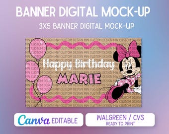 Minnie-Inspired with Balloon Painted Banner Template | Editable Canva Birthday Banner | Ready to print at Walgreens/CVS | Digital Download