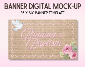 Baptism Banner Template | Pink Floral Dove Design | Personalized Baptism Banner | Canva Editable | Digital Download