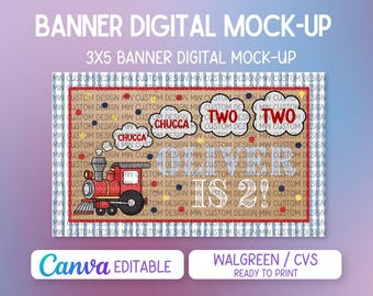 Chugga Chugga Två Två Tåg Födelsedagsbanderoll | Handmålad banderollmall | Redigerbart namn och ålder i Canva | Skriv ut på Walgreens / CVS