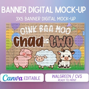 Farm Birthday Banner Template | Oink Baa Moo Sign | Hand-painted Banner Template | Canva Editable Name & Age | Print at Walgreens / CVS