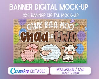 Mall för födelsedagsbanderoll med bondgård | Oink Baa Moo-skylt | Handmålad banderollmall | Redigerbart namn och ålder i Canva | Skriv ut på Walgreens / CVS