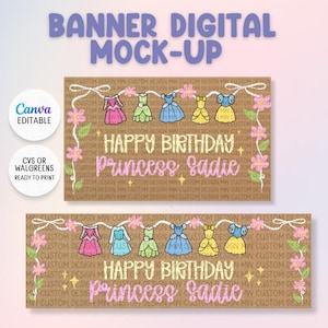 May include: A digital birthday banner mock-up featuring a brown background with a white string of lights and pink flowers. The design includes six colorful dress illustrations, the text HAPPY BIRTHDAY, and the name Princess Sadie in pink script.