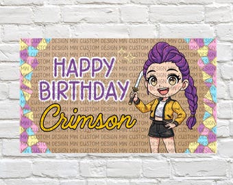 Hand Painted K-Pop Demon Hunters - Inspired Banner | FREE SHIPPING | Personalized Name | Rumi Design | Ready to Ship Birthday Banner