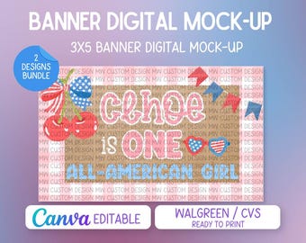 One All-American Girl Birthday Backdrop Template| 1st Birthday Patriotic Party Banner| Canva Editable Template | Print at Walgreens/CVS