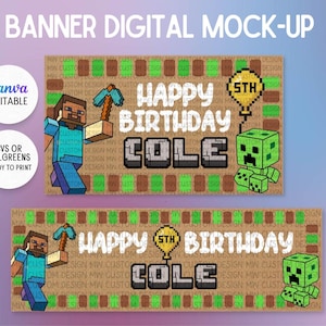 May include: A digital birthday banner mock-up featuring a pixelated Minecraft theme with a brown and green block background. The text reads HAPPY BIRTHDAY COLE with a yellow balloon icon labeled 5TH, a character holding a pickaxe, and a green creeper.
