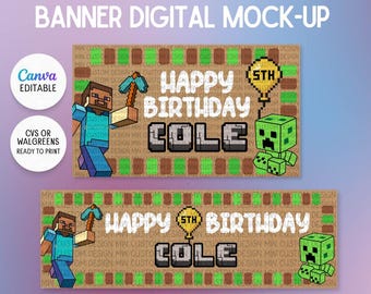 Mine craft - Inspired Birthday Banner Template | Pixel Birthday Party Banner | Canva Editable | Print at Walgreens/CVS | Digital Download