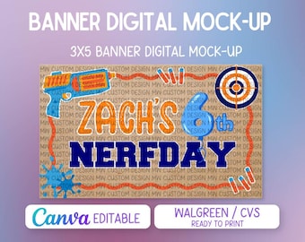 Nerf-inspired Banner Template | Blue and Orange Toy Gun Design | Editable Canva Design | Hand Paint Banner Guide | Digital Download