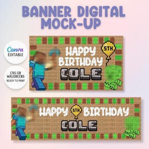 May include: A digital birthday banner template featuring pixelated graphics, including a character, a yellow balloon with the text 5TH, and the text HAPPY BIRTHDAY COLE. The design includes a brown and green block border and is Canva editable.
