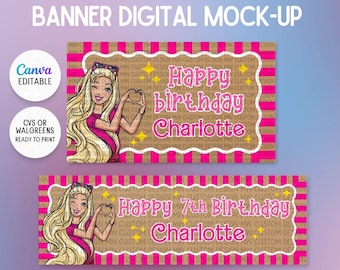 Pink Doll Bar bie - Inspired Birthday Banner Template | Editable Canva Design | Hand Paint Banner Guide | Digital Download