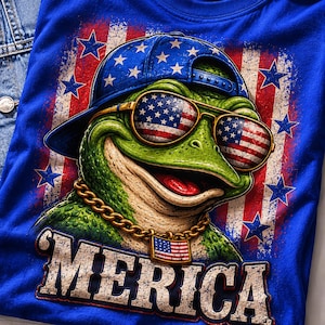 Könnte beinhalten: Ein königsblaues T-Shirt mit einem grünen Frosch, der eine blaue Baseballkappe mit weißen Sternen und eine Sonnenbrille mit US-Flaggen-Gläsern trägt. Der Frosch trägt eine Goldkette mit US-Flaggen-Anhänger. Darunter steht der Text MERICA.