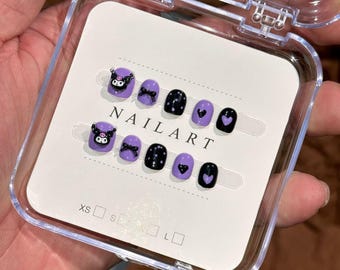 Kawaii Purple Black Kuromi Kid Nails Handmade Press On Nail Childre Extra Short nails