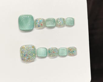 Green Cat Eye Toe Nails Bling Glitter Press On Toe Nail
