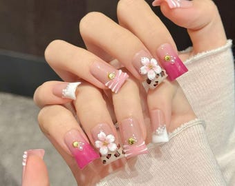 Handmade Pink Duck Press On Nails: 3D Floral Animal Print