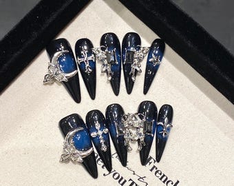 Gothic Stiletto Press On Nails: Blue Black Star Moon Charms
