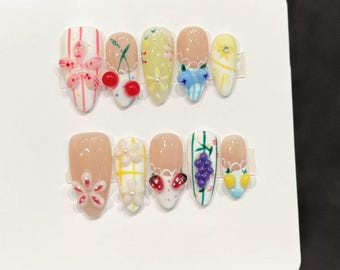 Handmade 3D Fruit Garden Press On Nails – Cherry, Lemon, Grapes Nail Art