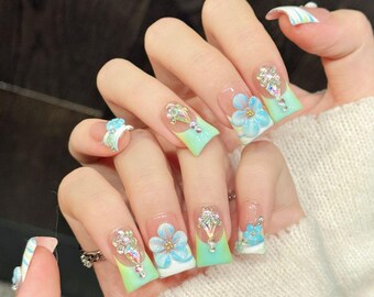 Handmade 3D Flower Press On Nails: Blue Green French Duck Nail Art