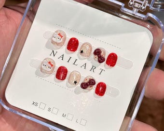 Cat Eye Hello Kitty Kid Nail Handmade Kawaii Press On Nail Extra Short Lucky Bow Nails