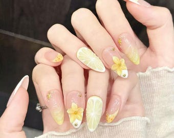 3D Ocean Gel Summer Press On Nails - Handmade Beach Vacation Lemon Fruit Nails Art