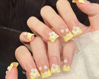 3D Flower Duck Press On Nails Pink Yellow Handmade French Short Duck Nail
