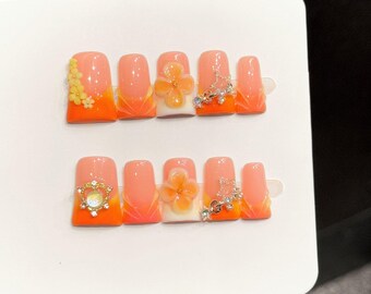 Orange 3d flower press on nails - handmade charm nails
