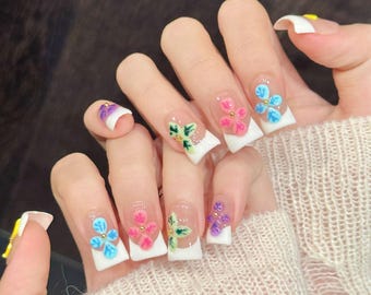 White French Duck Nails 3D Flower Short Press On Nails