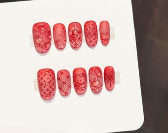 Red Hello Kitty Cat Press On Nail Handmade Almond Grid Nails Art