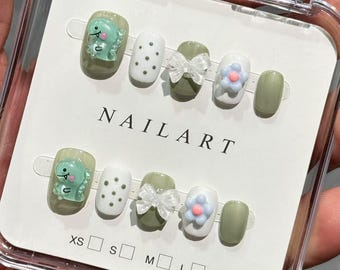 Handmade 3D Dinosaur Press On Nails: Green Kid Nail Charms