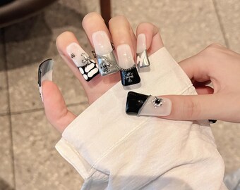 White and black duck nails handmade medium length long duck press on nail art