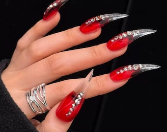 Red Clear Dargon Claw Nails -Handmade Cat Claw Press On Nails -Rhinestone Nail Art