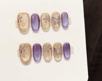 Glitter Purple Cat Eye Butterfly Flower Press On Nail Medium Length Oval Nails