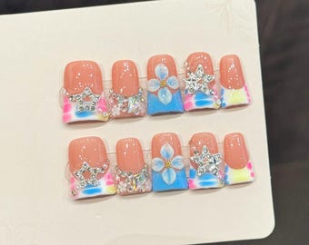 Handmade Duck Shape Press On Nails Bling 3D Star Rhinestone Flower Duck Nail