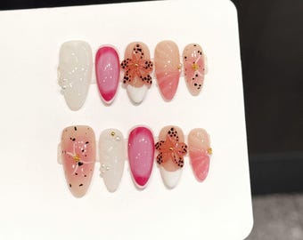 Pink White 3D Flower Press On Nails - Handmade Almond Nails