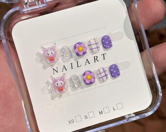 Extra Short Kuromi Press On Nail Handmade Pink Purple 3D Kids Nail
