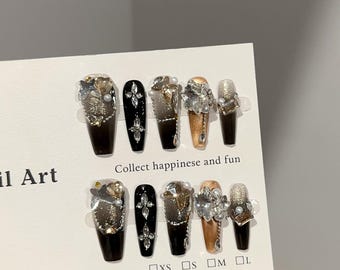 Luxury Black Gold Press On Coffin Long Nails Handmade Rhinestone 3D Charm Nail