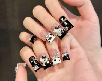 Hello Kitty Cat Duck Shape Nail Press On Handmade Kawaii White Black Short Duck Nails