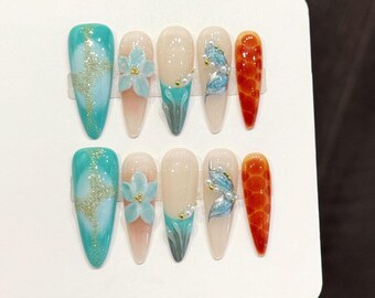 Colorful 3D Flower Long Press On Nails - Handmade Almond Nails