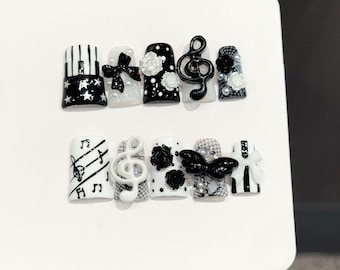 White Black Duck Press On Nails -Handmade Kawaii Music Note Nails
