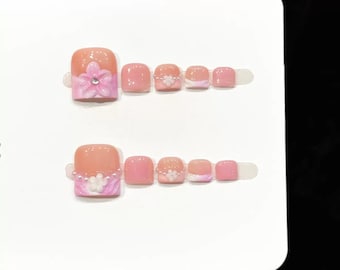 Handmade Summer Beach Pink Flower Toe Press On Nails