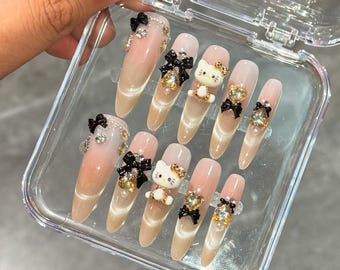 Pink Hello Kitty Press On Long Nail Handmade 3D Rhinestone Charm Almond Kawaii Nails