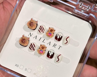 Kawaii Capybara Kid Nails Handmade 3D Charm Press On Nail