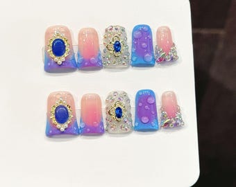 Pink Blue Duck Press On Nail Handmade Bling 3D Charm Duck French Nails Short