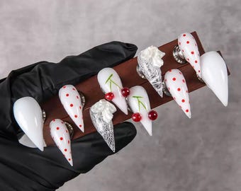 Cherry Polka Dor Claw Press On Nail -Handmade Dargon Claw Nails Art Wedding Nail