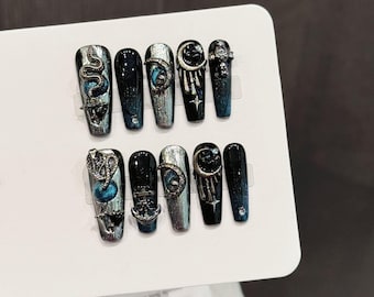 Handmade Gothic Black Blue Press On Nails with Moon Long Coffin Nail Art