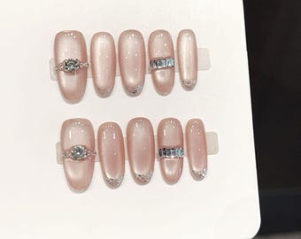 Pink Cat Eye Bangle Nails - Handmade Oval Press On Nail - Ombre Ring Nail