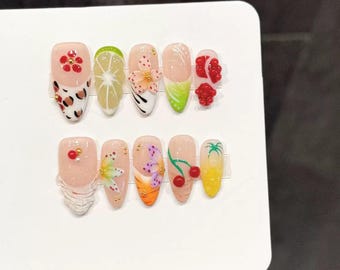 Handmade Summer Fruit Press On Nails – 3D Cherry, Flower, Beach Holiday Art