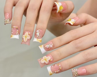 Handmade Pink White French Tips Duck Press On Nails: 3D Rhinestone Short Duck Nail