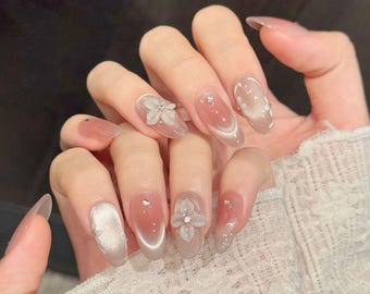 Pink Ombre Cat Eye Nails - Handmade 3D Flower Press On Nail