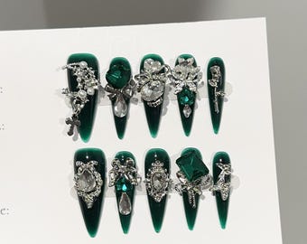 Green Stiletto Press On Nails, Handmade Rhinestone 3D Charm, Moon Pearl