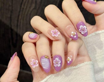 3D Flower Press on Nails Handmade Pink Purple Short /Long Almond Nails