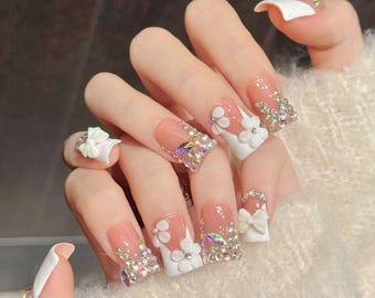 Pink and White Bling Duck Nail Handmade 3D Flower French Press On Nails Short